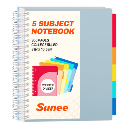 SUNEE Spiral Notebooks for Work with Removable Dividers & Tabs – College Ruled 5 Subject, 300 Pages, 3 Hole Punched, Durable PP Cover, 8"x10.5" – Notebooks for Office or School, Pink