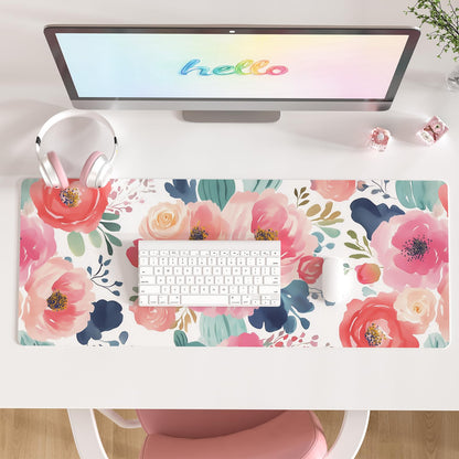 Faux Leather Large Mouse Pad, Office Desk Mat, 31.5"x15.7", Pink Floral