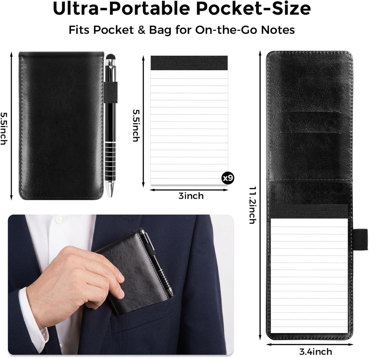 Koogel 11PCS Mini Pocket Notepad Holder Set, 3.4 x 5.5 Inch Small Notepad with Pen and 9 Memo Book Refills Server Lined Papers Desk Notepads for Office Supplies, Writing and Memo pads 30 Sheets Each