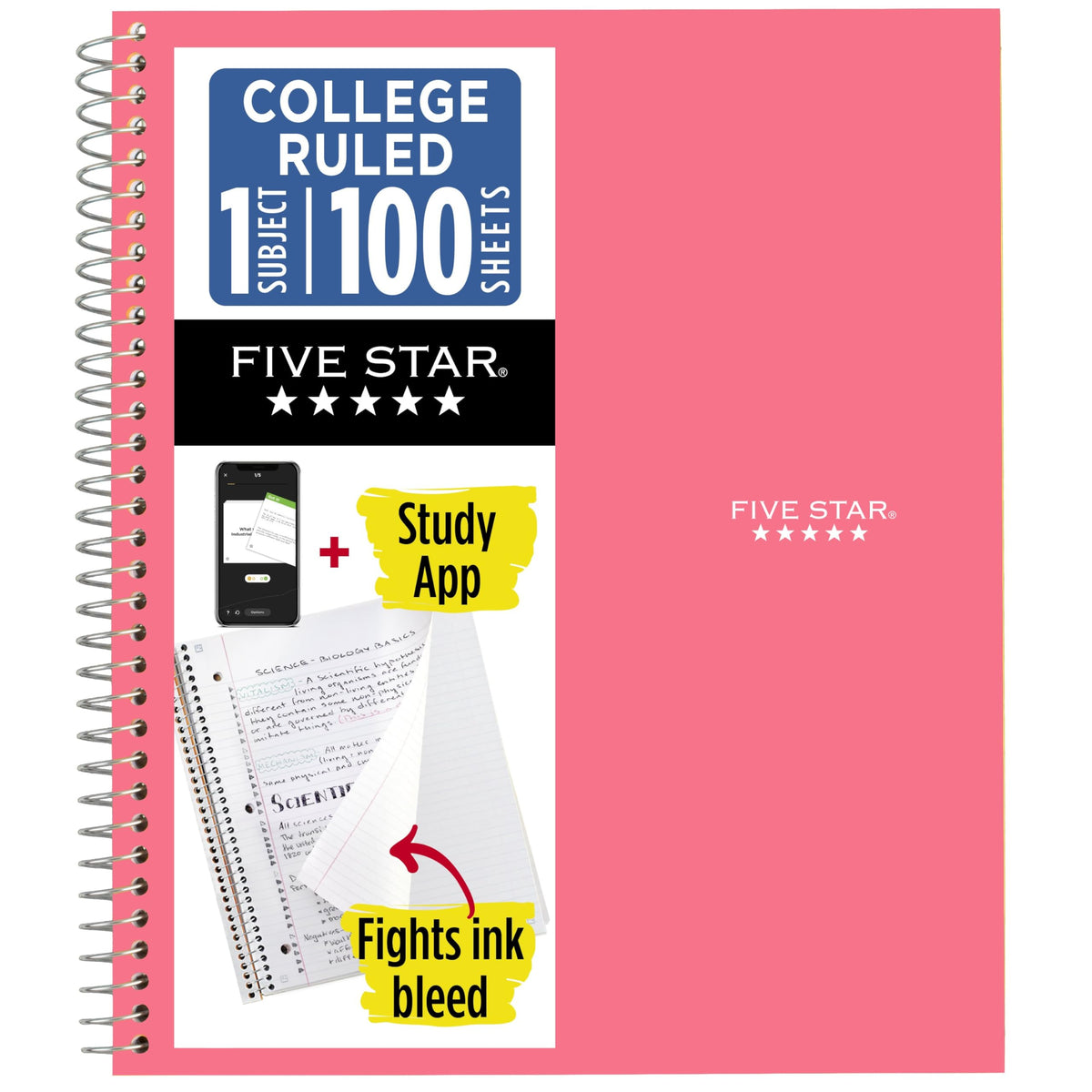 Five Star Spiral Notebook + Study App, 1 Subject, College Ruled Paper, 8.5" x 11", 100 Sheets, Blue (Color May Vary) (72565)