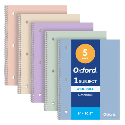 Oxford Spiral Notebooks, 5 Pack, College Ruled, 70 Sheets, Pastel Covers