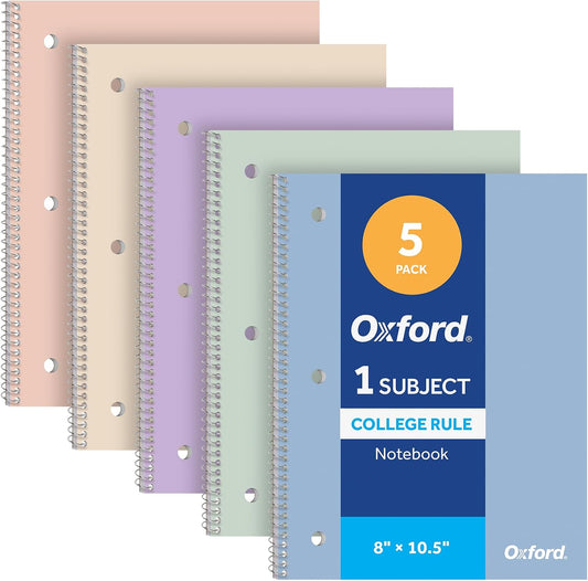 Oxford Spiral Notebooks, 5 Pack, College Ruled, 70 Sheets, Pastel Covers