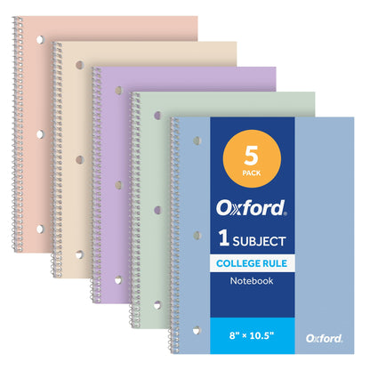 Oxford Spiral Notebooks, 5 Pack, College Ruled, 70 Sheets, Pastel Covers