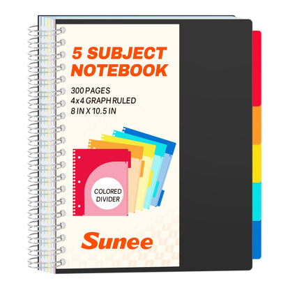 SUNEE Spiral Notebooks for Work with Removable Dividers & Tabs – College Ruled 5 Subject, 300 Pages, 3 Hole Punched, Durable PP Cover, 8"x10.5" – Notebooks for Office or School, Pink