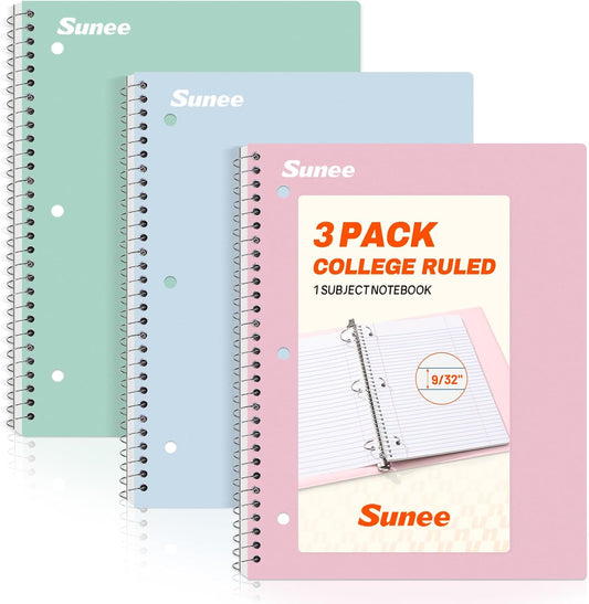 SUNEE Spiral Notebooks, 3 Pack, 1-Subject, College Ruled Paper, 8" x 10-1/2", 70 Sheets per Notebook, Assorted Pastel Colors Spiral Notebooks for School