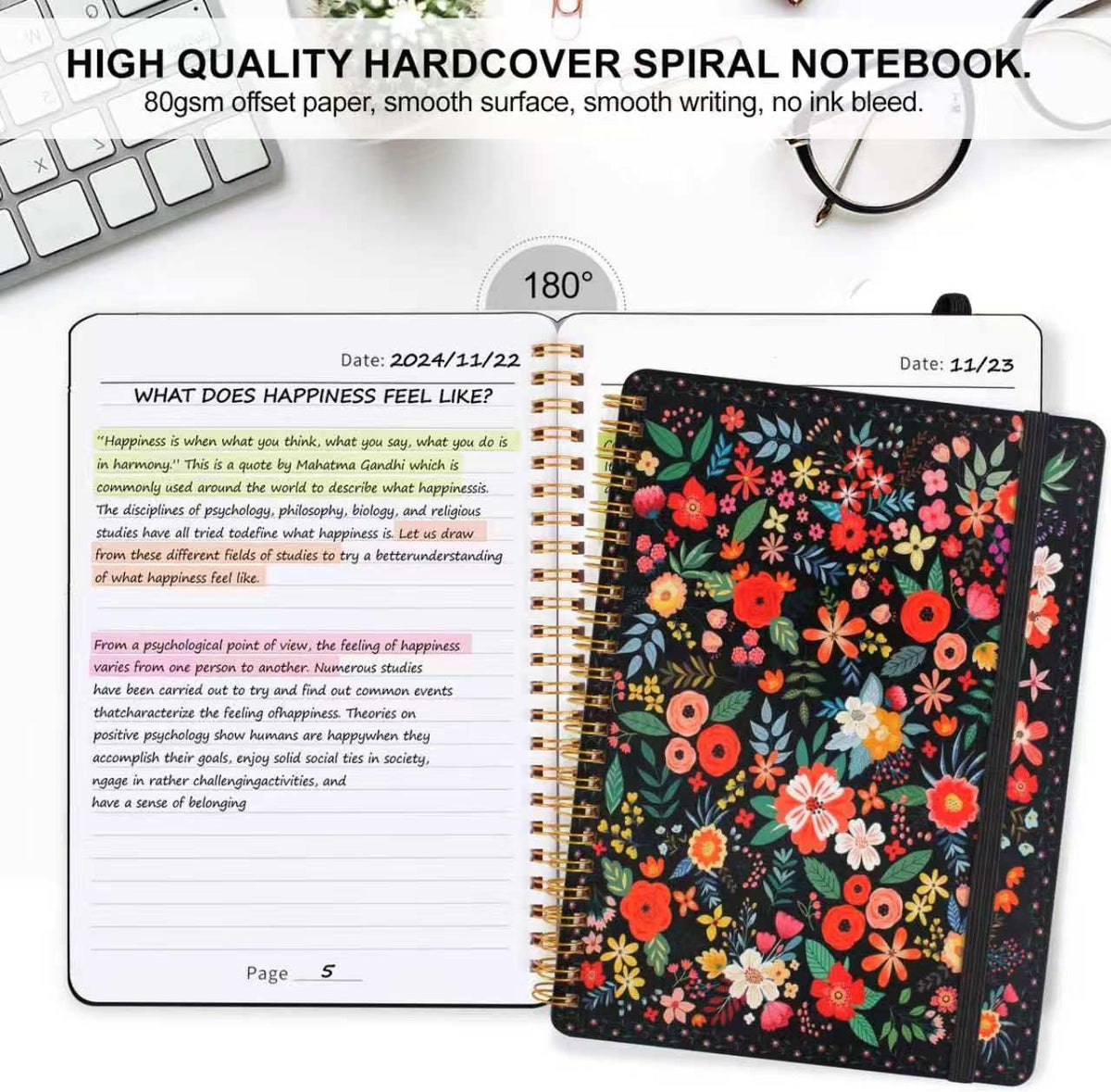 AZUREAL Spiral Journal Notebook 2P, A5 Hardcover Floral Notebook, 50 Pages Pretty Notebook, Journal For Women & Men Office School Note Taking Business (Black)