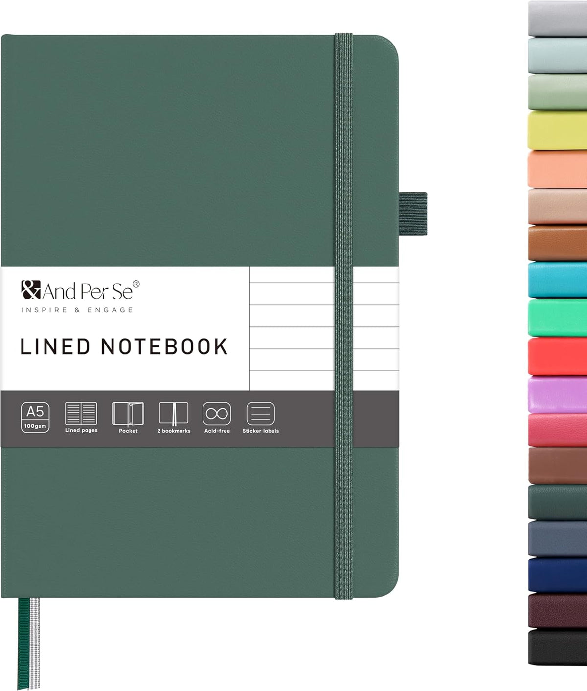 &And Per Se Lined Journal Notebook – A5 Hardcover, 160 Pages 100gsm Thick Paper, College Ruled for Writing - 5.7”x8” (Dark Green)