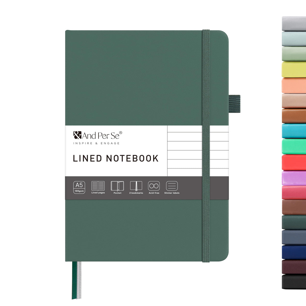 &And Per Se Lined Journal Notebook – A5 Hardcover, 160 Pages 100gsm Thick Paper, College Ruled for Writing - 5.7”x8” (Dark Green)