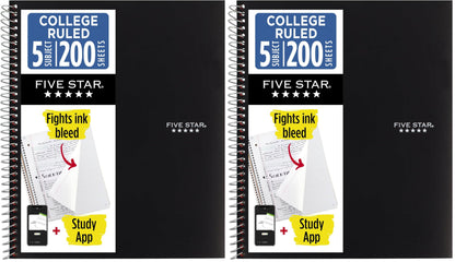 Five Star Spiral Notebook + Study App, 5 Subject, College Ruled Paper, 8-1/2" x 11", 200 Sheets, Fights Ink Bleed, Water Resistant Cover, Black (72081)
