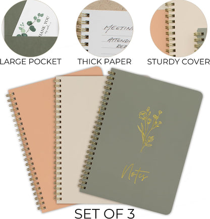 Aesthetic Spiral Notebook Set of 3 For Women - Cute College Ruled Journals
