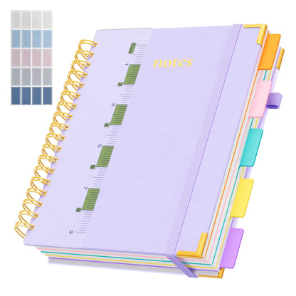 Line Hardcover Spiral Notebook with Removable Dividers Tabs & Ruler, 5 Subject Notebook College Ruled, 300 Page, Large 8"x10" B5 Notebooks for Work School, Lined Journal for Women & Men, Purple