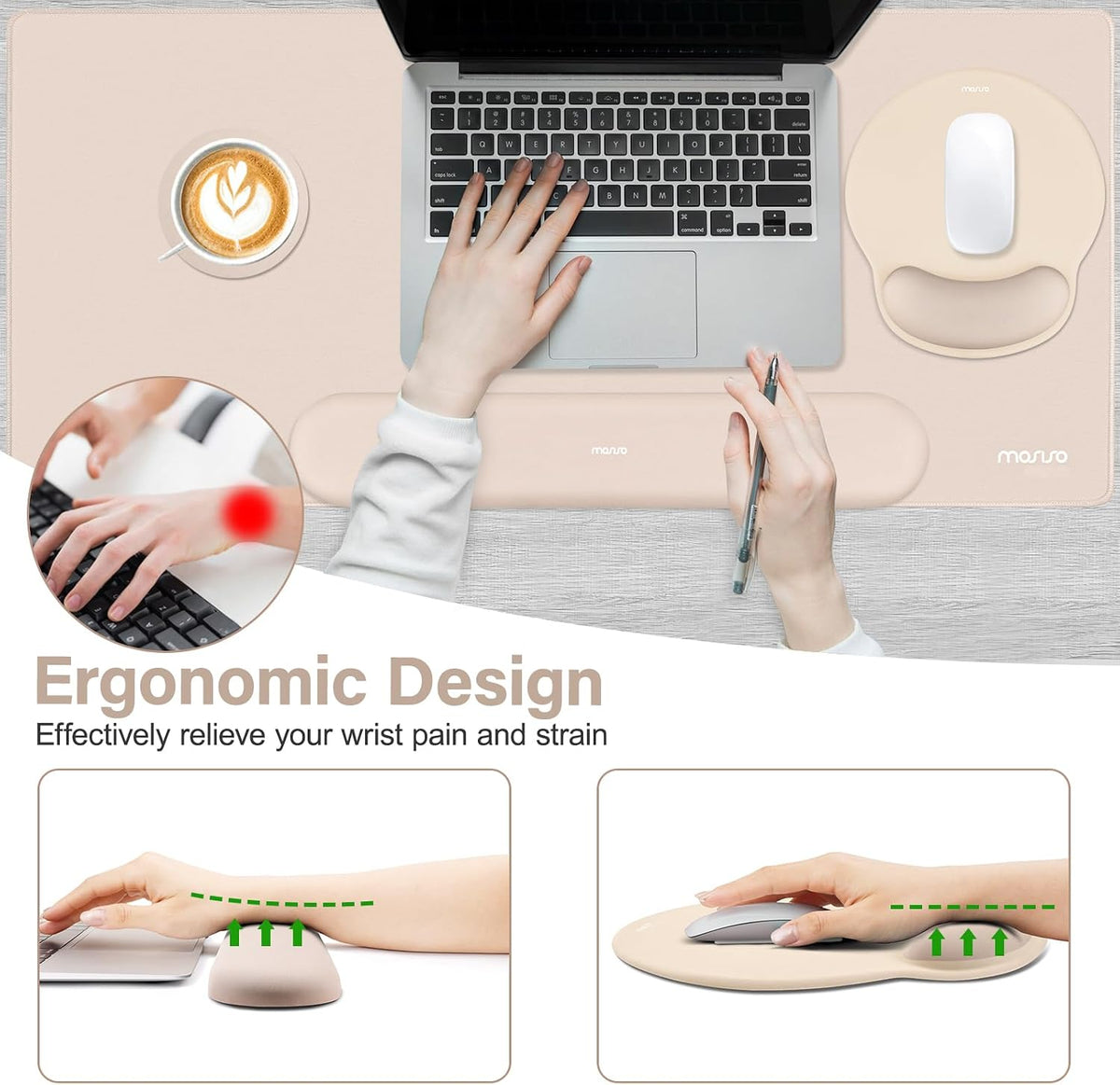MOSISO Wrist Rest for Mouse Pad Set, Large Gaming Deskpad, Apricot