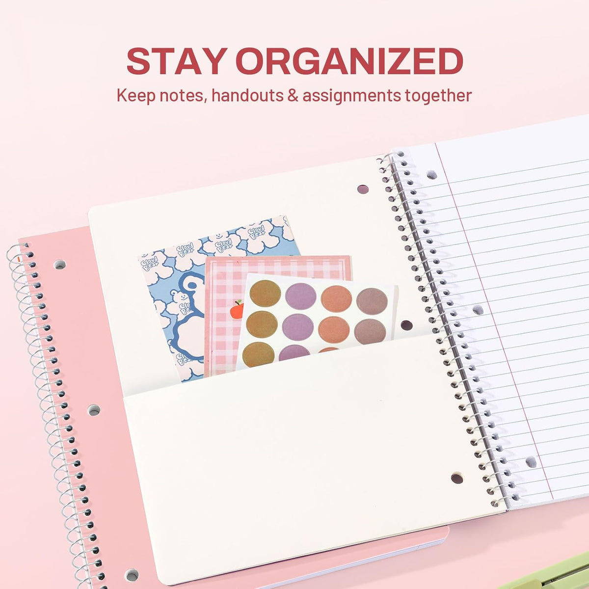 SUNEE Spiral Notebook, 1-Subject, Wide Ruled Paper, 8" x 10-1/2", 100 Sheets per Notebook, 3-Hole Punched Paper, Water Resistant Cover, Double-sided Pockets, Spiral Lined Notebooks for School, Pink
