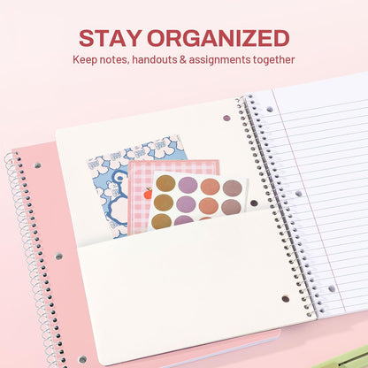 SUNEE Spiral Notebook, 1-Subject, Wide Ruled Paper, 8" x 10-1/2", 100 Sheets per Notebook, 3-Hole Punched Paper, Water Resistant Cover, Double-sided Pockets, Spiral Lined Notebooks for School, Pink