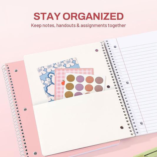 SUNEE Spiral Notebook, 1-Subject, Wide Ruled Paper, 8" x 10-1/2", 100 Sheets per Notebook, 3-Hole Punched Paper, Water Resistant Cover, Double-sided Pockets, Spiral Lined Notebooks for School, Pink