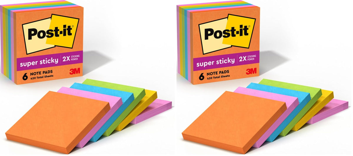 Post-it Super Sticky Notes, 3 x 3 in, Neon Fizz, 6 Pads, 70 Sheets/Pad