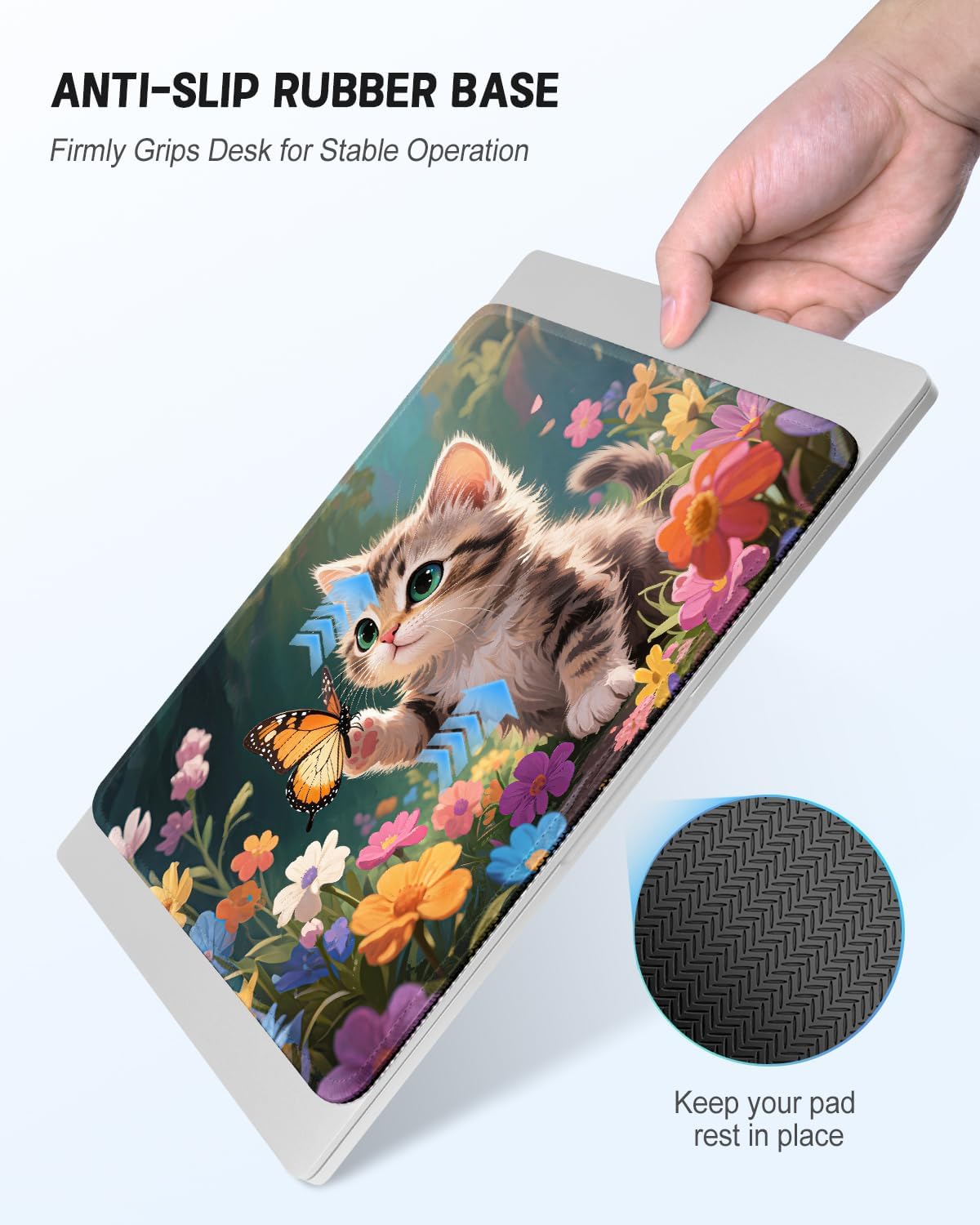 Mouse Pad, Cute Mouse Mat, 10" x 8", Colorful Flower Cat