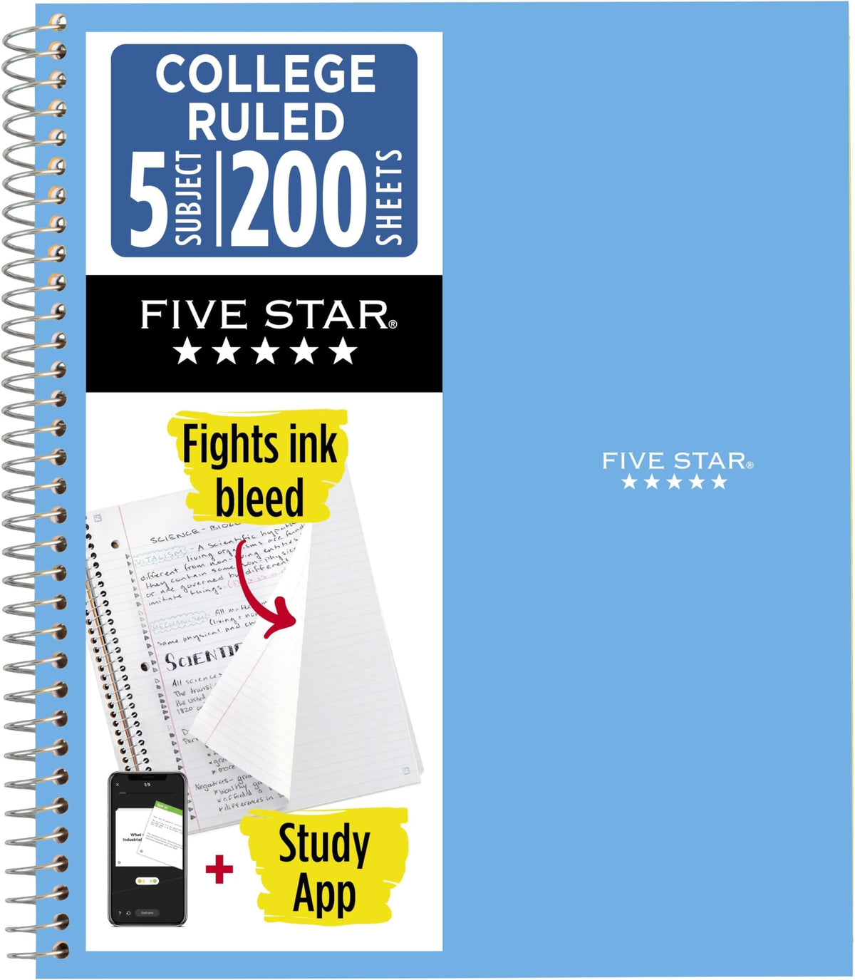 Five Star Spiral Notebook + Study App, 5 Subject, College Ruled Paper, 8-1/2" x 11", 200 Sheets, Fights Ink Bleed, Water Resistant Cover, Black (72081)