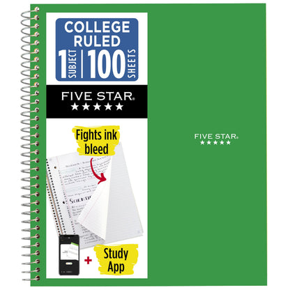 Five Star Spiral Notebook + Study App, 1 Subject, College Ruled Paper, 8.5" x 11", 100 Sheets, Blue (Color May Vary) (72565)