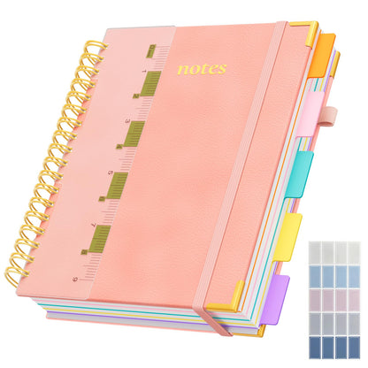 Line Hardcover Spiral Notebook with Removable Dividers Tabs & Ruler, 5 Subject Notebook College Ruled, 300 Page, Large 8"x10" B5 Notebooks for Work School, Lined Journal for Women & Men, Purple