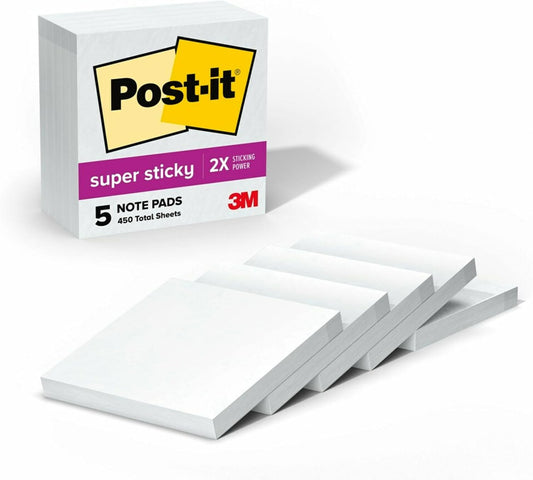 Post-it Super Sticky Notes, 5 Sticky Note Pads, 3 x 3 in., School Supplies, Office Products, for Vertical Surfaces, Monitors, Walls and Windows, First Snow White
