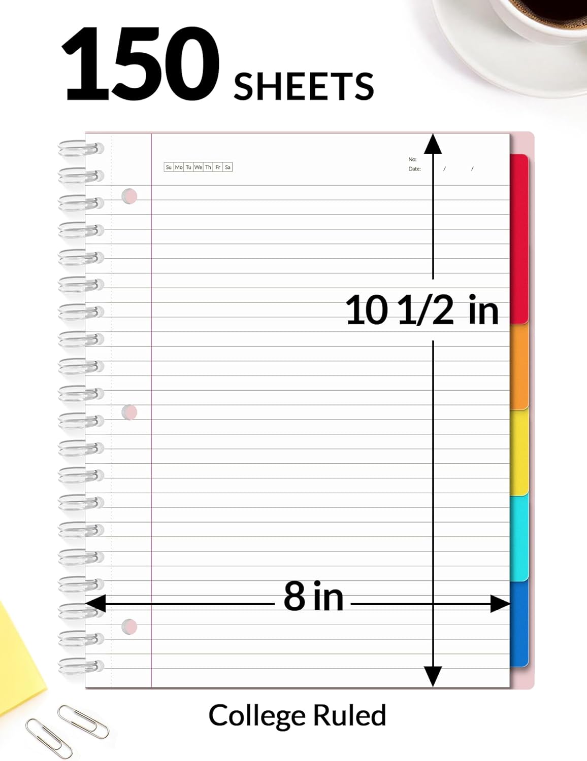 SUNEE Spiral Notebooks for Work with Removable Dividers & Tabs – College Ruled 5 Subject, 300 Pages, 3 Hole Punched, Durable PP Cover, 8"x10.5" – Notebooks for Office or School, Pink