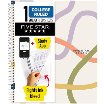 Five Star Spiral Notebook + Study App, 2 Pack, 1 Subject, College Ruled, 8-1/2" x 11", 80 Sheets, Fights Ink Bleed, Water Resistant Cover, Soft Petals (820331F-ECM)
