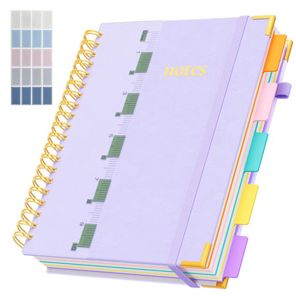 Line Hardcover Spiral Notebook with Removable Dividers Tabs & Ruler, 5 Subject Notebook College Ruled, 300 Page, Large 8"x10" B5 Notebooks for Work School, Lined Journal for Women & Men, Purple