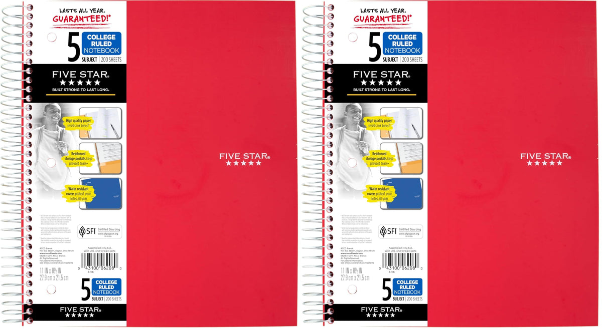 Five Star Spiral Notebook + Study App, 5 Subject, College Ruled Paper, 8-1/2" x 11", 200 Sheets, Fights Ink Bleed, Water Resistant Cover, Black (72081)