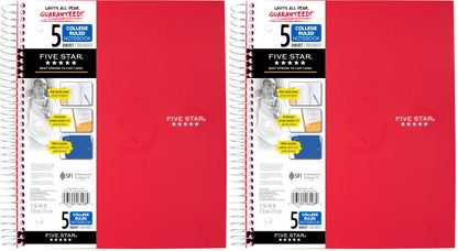 Five Star Spiral Notebook + Study App, 5 Subject, College Ruled Paper, 8-1/2" x 11", 200 Sheets, Fights Ink Bleed, Water Resistant Cover, Black (72081)