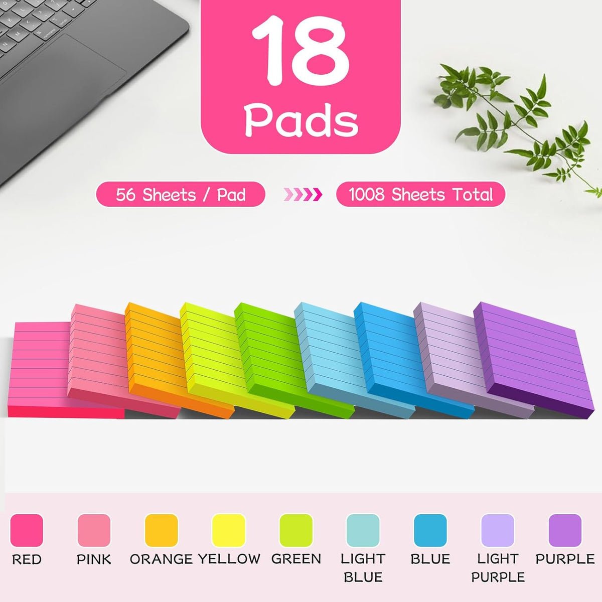(18 Pads) Lined Sticky Notes 3 x 3 in, 9 Bright Colors Ruled Post Stickies