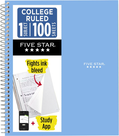Five Star Spiral Notebook + Study App, 1 Subject, College Ruled Paper, 8.5" x 11", 100 Sheets, Blue (Color May Vary) (72565)