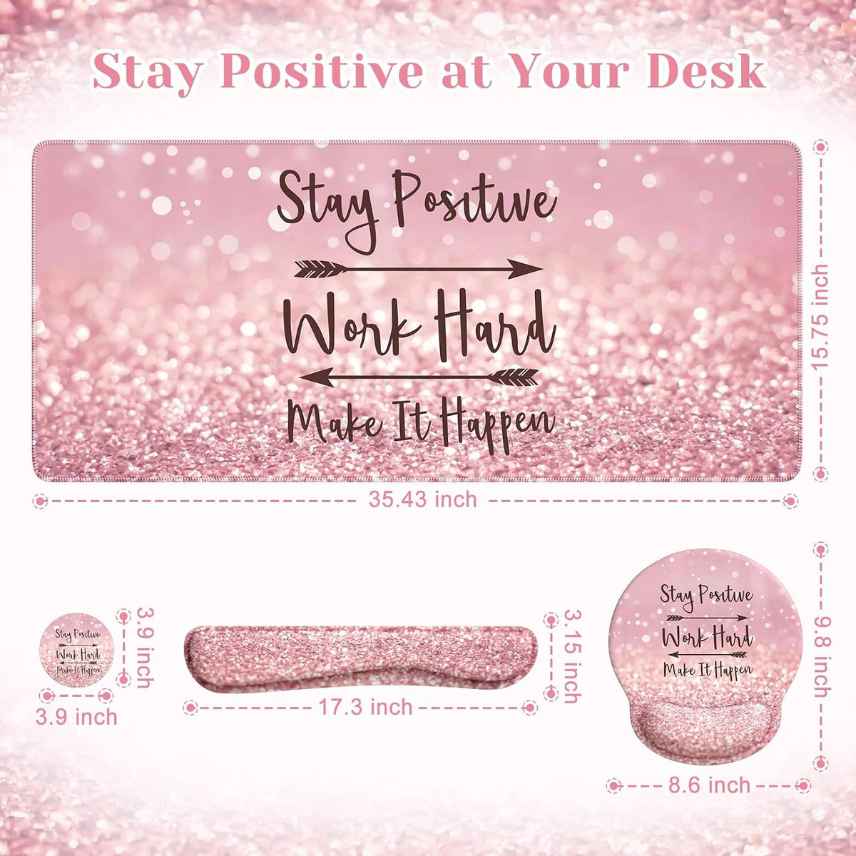 iCasso Pink Ergonomic Mouse Pad with Wrist Rests Set for Desk Accessories