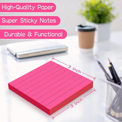 (18 Pads) Lined Sticky Notes 3 x 3 in, 9 Bright Colors Ruled Post Stickies