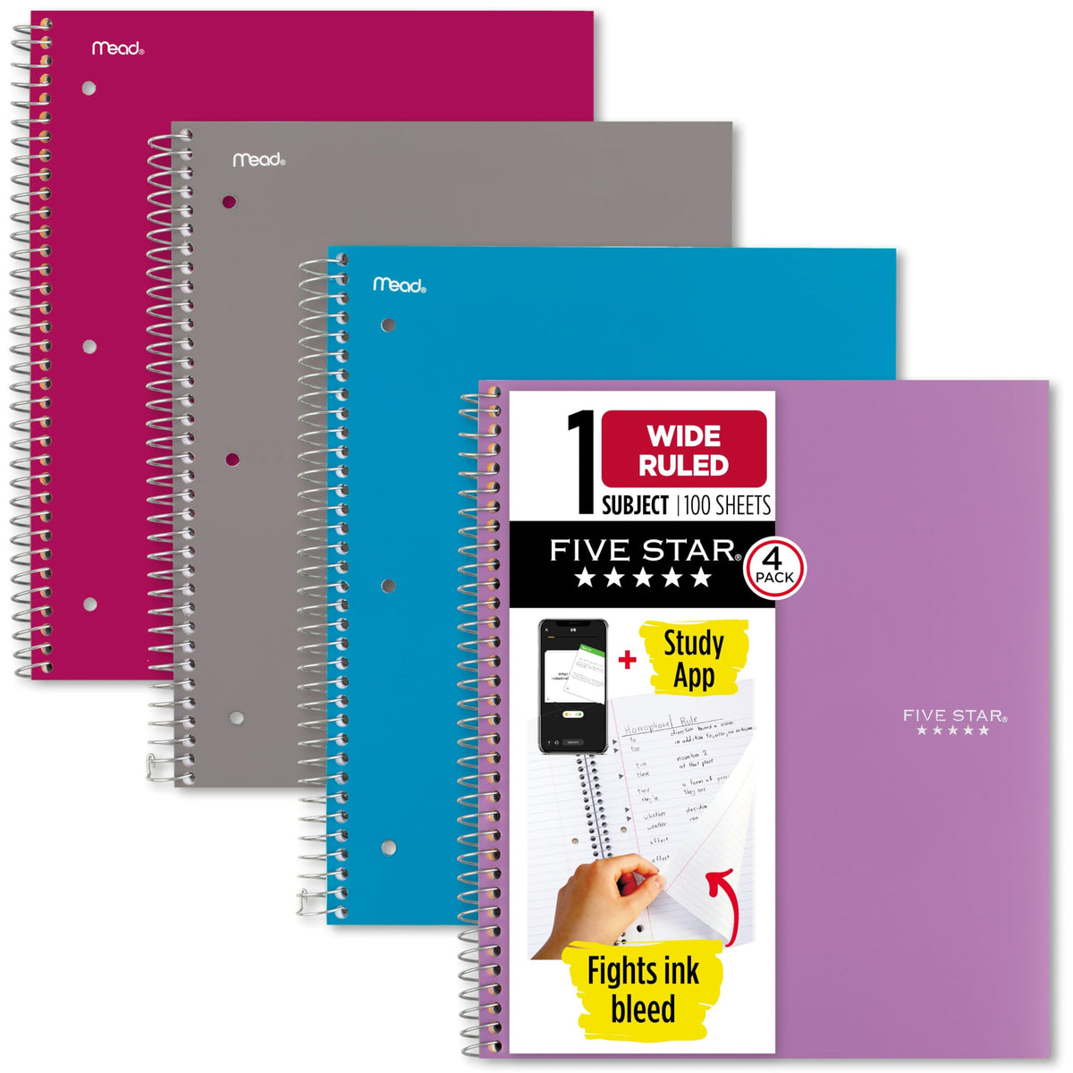 Five Star Spiral Notebook + Study App, 100 Sheets, 1 Subject, College Ruled Paper, Fights Ink Bleed, Water Resistant Cover, 820337-ECM, Purple, Pink, White & Green, 8-1/2" x 11", 4 Pack
