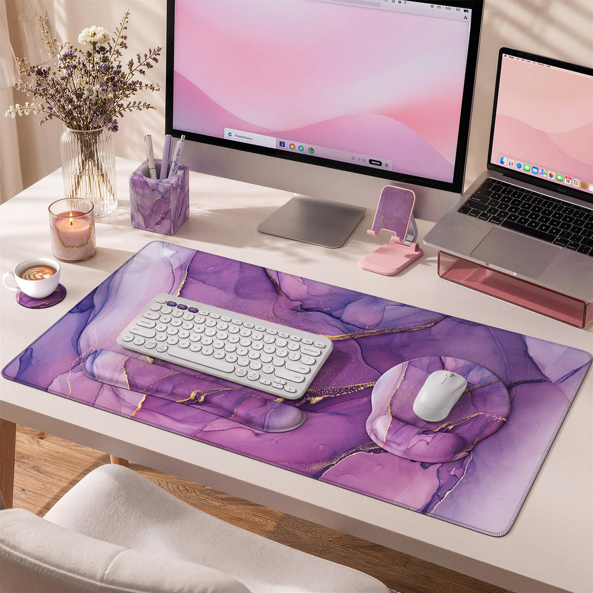 iCasso Pink Ergonomic Mouse Pad with Wrist Rests Set for Desk Accessories