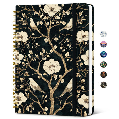 Taja Lined Spiral Journal Notebook for Women, Pretty College Ruled Notebook for Work & Note Taking, A5 Hardcover Journal for Writing, Cute Aesthetic 140 Pages, Midnight Bloom