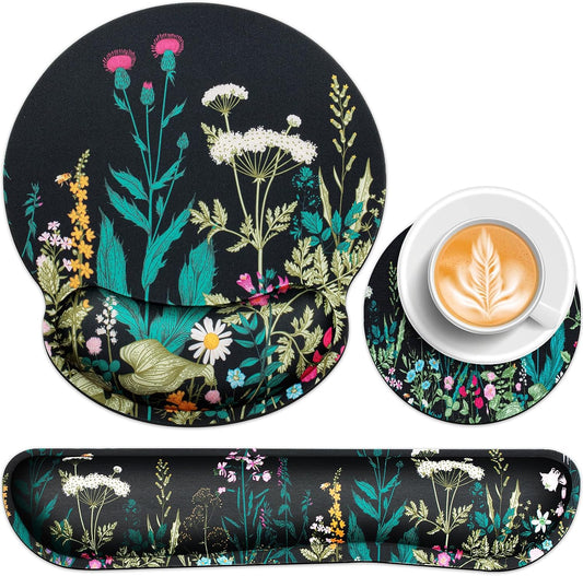 Mouse Pad with Wrist Rest Set, 3-in-1 Wrist Support Mouse Pad Set, Floral