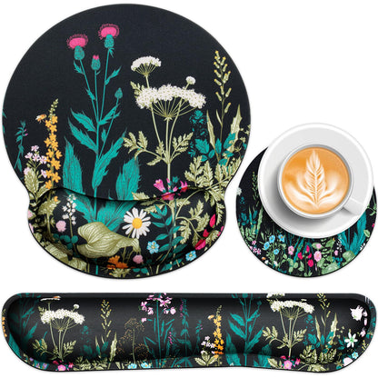 Mouse Pad with Wrist Rest Set, 3-in-1 Wrist Support Mouse Pad Set, Floral