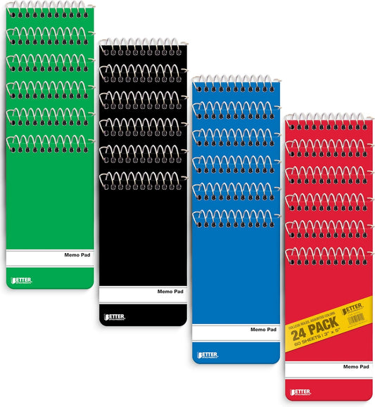 Better Office Products Memo Pads, 24 Pack 3x5 inches, 60 Sheets, College Rule, Assorted Solid Colors, Memo Pad & 3x5 Notebook for Notes, Writing, Office & School Use