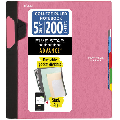 Five Star Advance Spiral Notebook + Study App, 5 Subject, College Ruled Paper, 8-1/2" x 11", 200 Sheets, Spiral Guard, Movable Tabbed Dividers, Seaglass Green (73148)