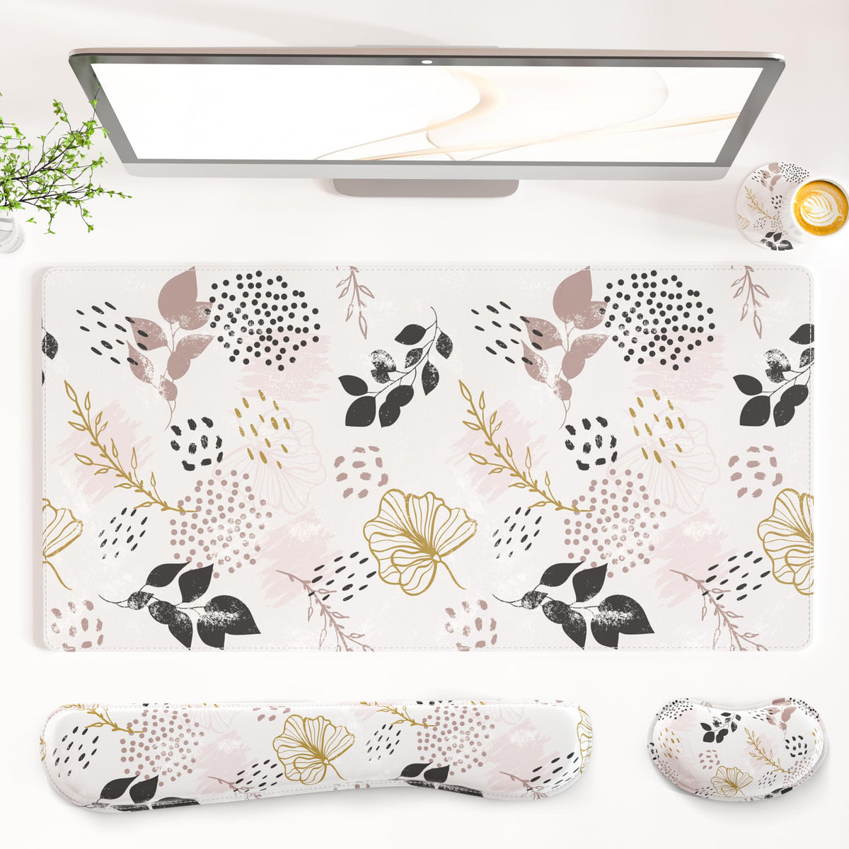 QiyI PU Leather Desk Mat Set, 4-in-1 Ergonomic Wrist Rest, Pink Marble