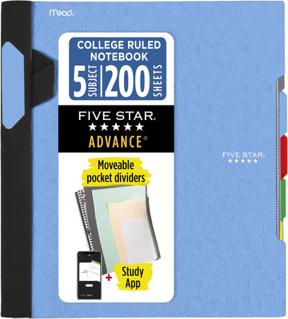 Five Star Advance Spiral Notebook + Study App, 5 Subject, College Ruled Paper, 8-1/2" x 11", 200 Sheets, Spiral Guard, Movable Tabbed Dividers, Seaglass Green (73148)