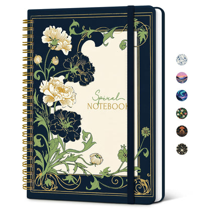 Taja Lined Spiral Journal Notebook for Women, Pretty College Ruled Notebook for Work & Note Taking, A5 Hardcover Journal for Writing, Cute Aesthetic 140 Pages, Midnight Bloom