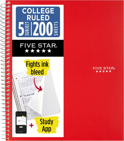 Five Star Spiral Notebook + Study App, 5 Subject, College Ruled Paper, 8-1/2" x 11", 200 Sheets, Fights Ink Bleed, Water Resistant Cover, Black (72081)