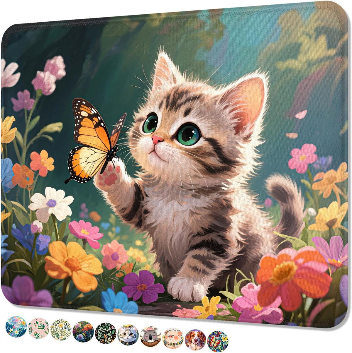 Mouse Pad, Cute Mouse Mat, 10" x 8", Colorful Flower Cat