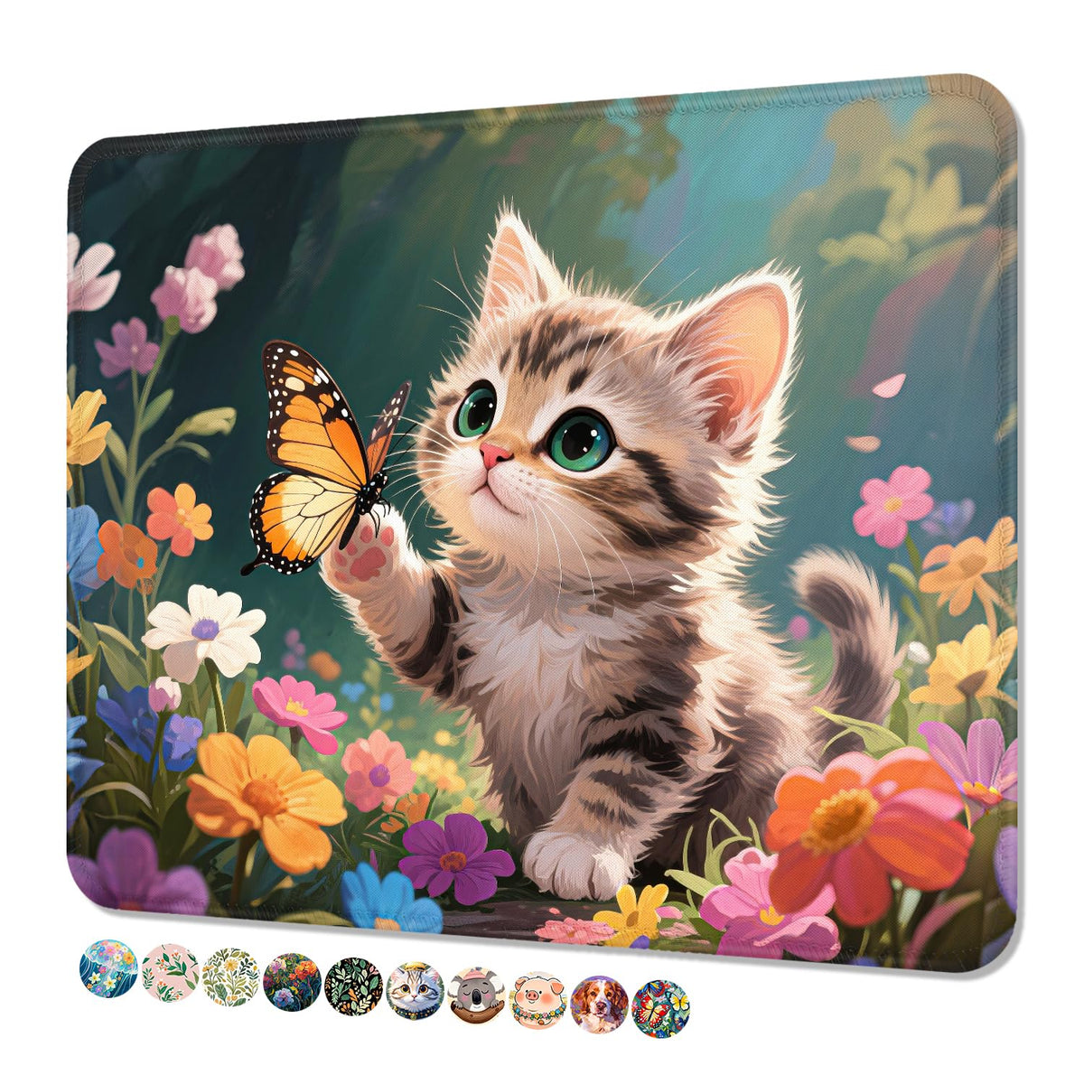 Mouse Pad, Cute Mouse Mat, 10" x 8", Colorful Flower Cat