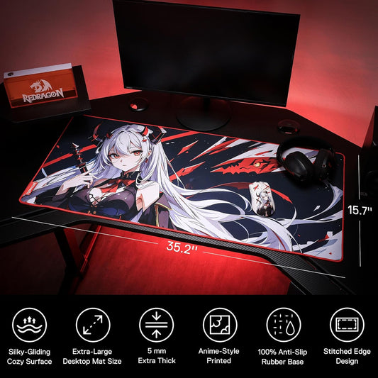 Redragon EISA P047L Anime Gaming Mouse Pad - Smooth Spandex Surface, Anti-Slip Rubber Base, Spill-Resistant, Durable 5mm Thick Design, 35 x 16 inches, Black