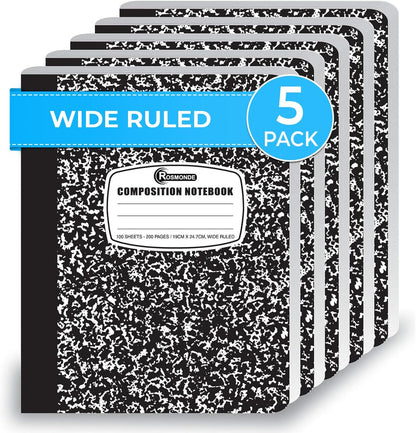 Rosmonde 5 Pack Wide Ruled Composition Notebook, Black Marble Notebooks
