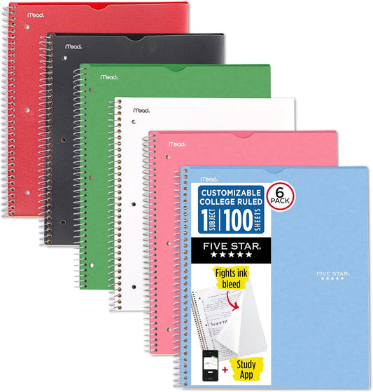 Five Star Spiral Notebook + Study App, 6 Pack, 1 Subject, College Ruled 8.5" x 11" Paper, 100 Sheets, Fights Ink Bleed, Customizable Water Resistant Cover, Assorted Colors (820045-ECM)